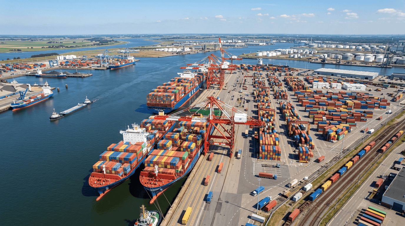 Drone opname Nederlandse haven met containerschepen